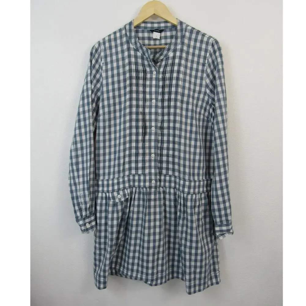 J Crew Size 14 Blue & White Checkered Long Sleeve Drop Waist Mini Dress Plaid